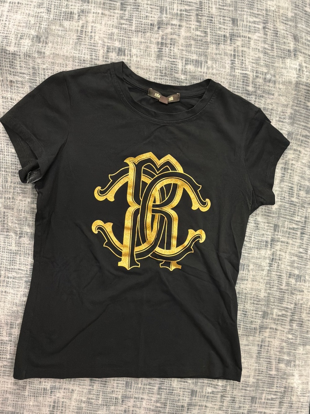 Roberto Cavalli Black Tee with Gold Monogram